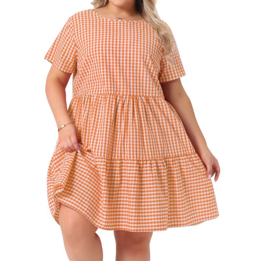 Plus Size Gingham 1950s Vintage Plaid Round Neck Tiered Midi Dress Orange